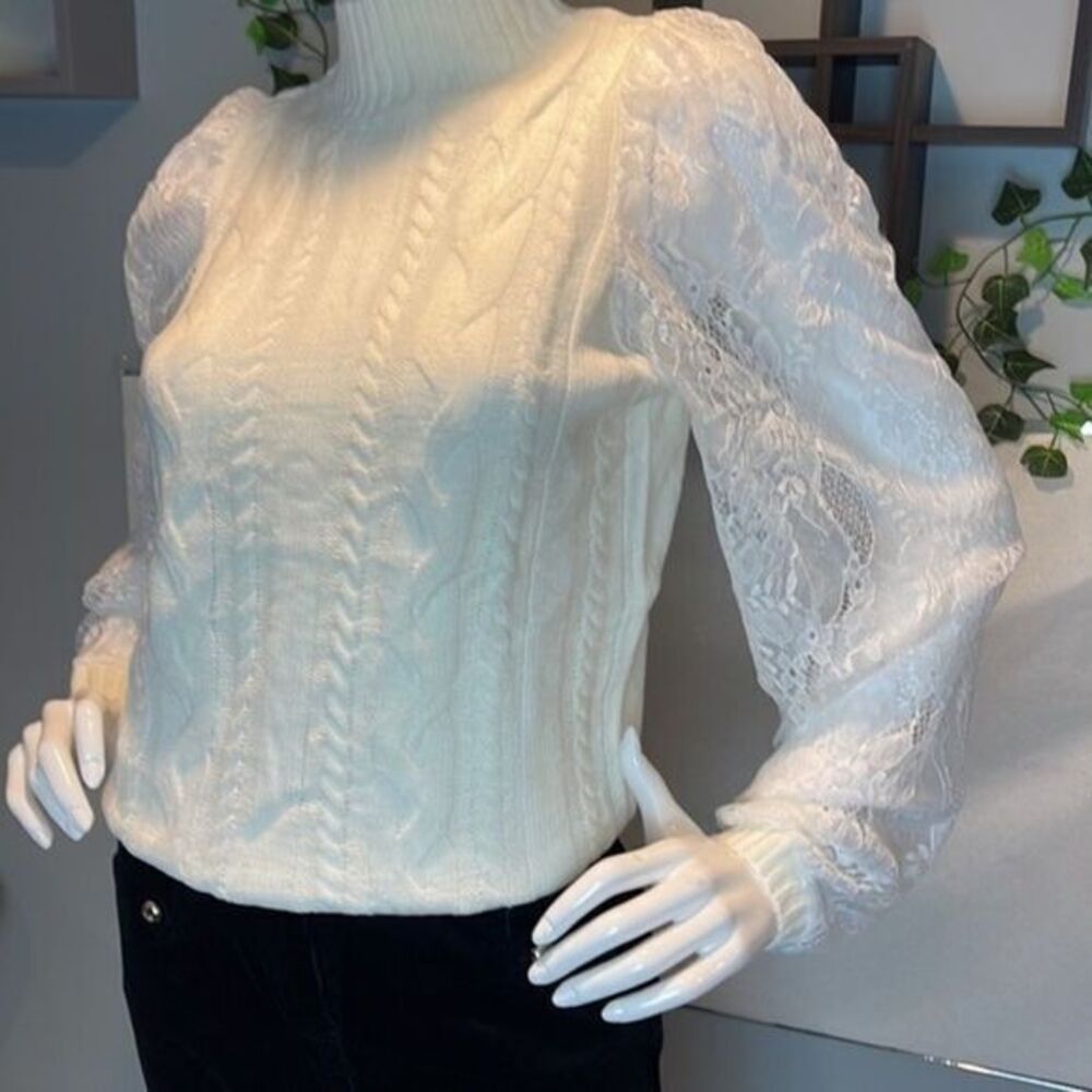 Zaful Mock Neck Cable Knit Lace Mesh Sleeve Ivory Sweater Size 4 - Picture 9 of 16